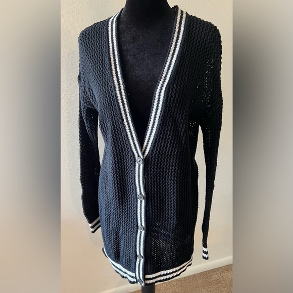 American Eagle black open knit cardigan white stripe button closure size XS - Picture 1 of 9